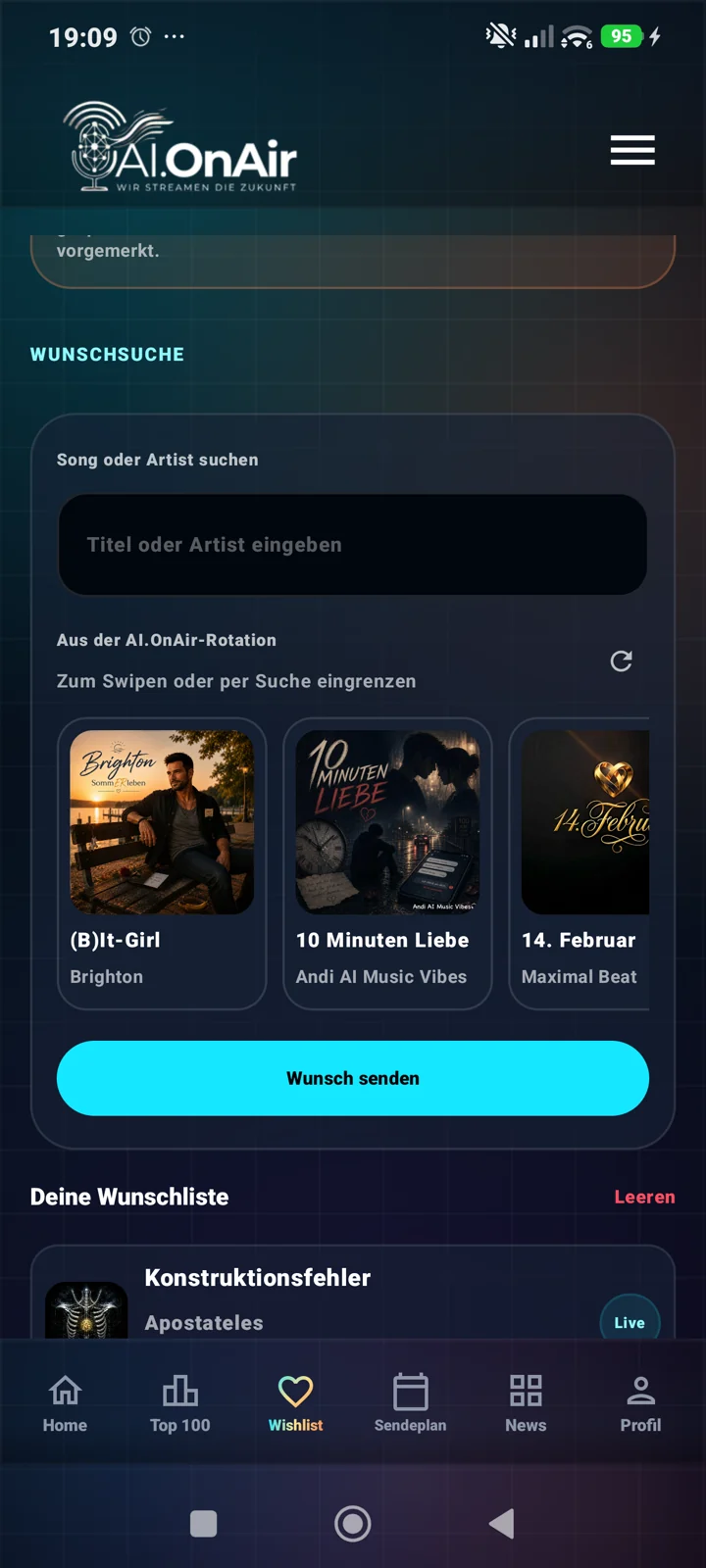 AI.OnAir Musikwunschsuche und Wunschliste