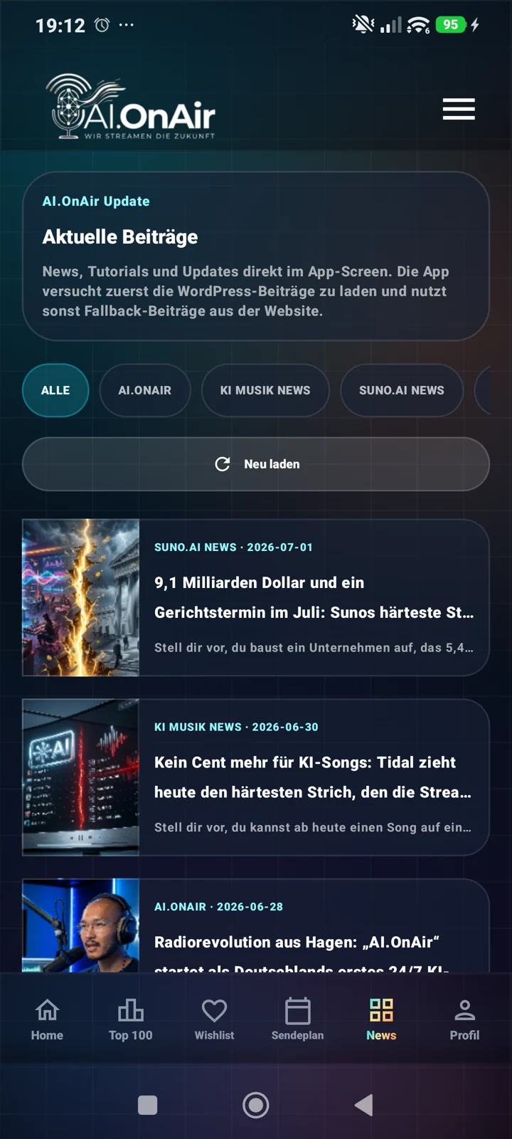 AI.OnAir Newsbereich mit Kategorien und Artikeln